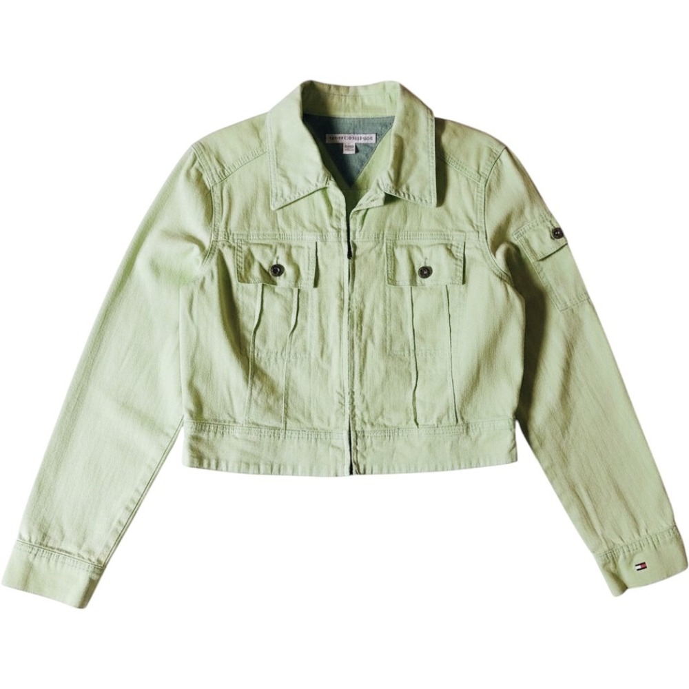VTG Tommy Hilfiger Sage Green Denim Jacket Women's XL Y2K Cropped Utility Coat